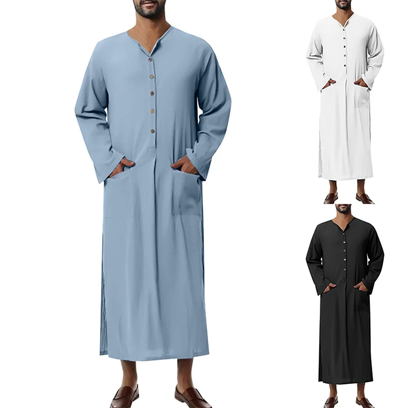 Muslim Men's Long Sleeved Solid Color Pure Cotton Loose Fitting Robe Comfortable To Wear Suitable For Outdoor And Indoor Wear