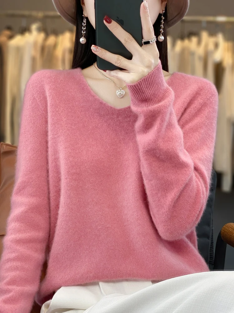 Women's Sweater V-neck Pullover 100% Merino Wool Pullover SolidColor Pullovers Basic Sweaters Discount  Simple Versatile KnitTop