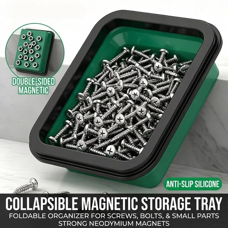 Magnetic Foldable Silicone Tray, Strong Magnetic Depth, Large Space for Convenient Storage of Screw Metal Parts, Auto Repair DIY