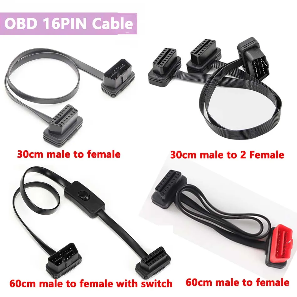 0.6M OBD2 Red Male to Female 8C Elbow Flat Wire 30CM OBD2 16PIN Noodle Cable 60cm OBD Adapter with Switch for Car Scanner Extend