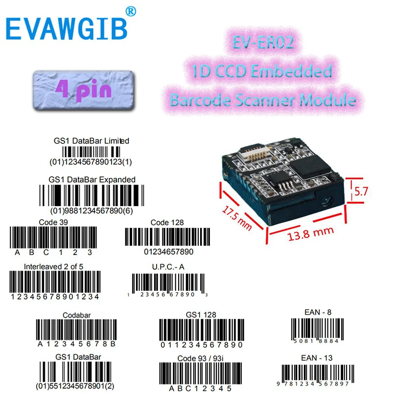 EVAWGIB Free Shipping EV-ER02 Embedded 1D CCD Barcode Scanner Module 4pin Scanning Robot TTL High Resolution MINI Module