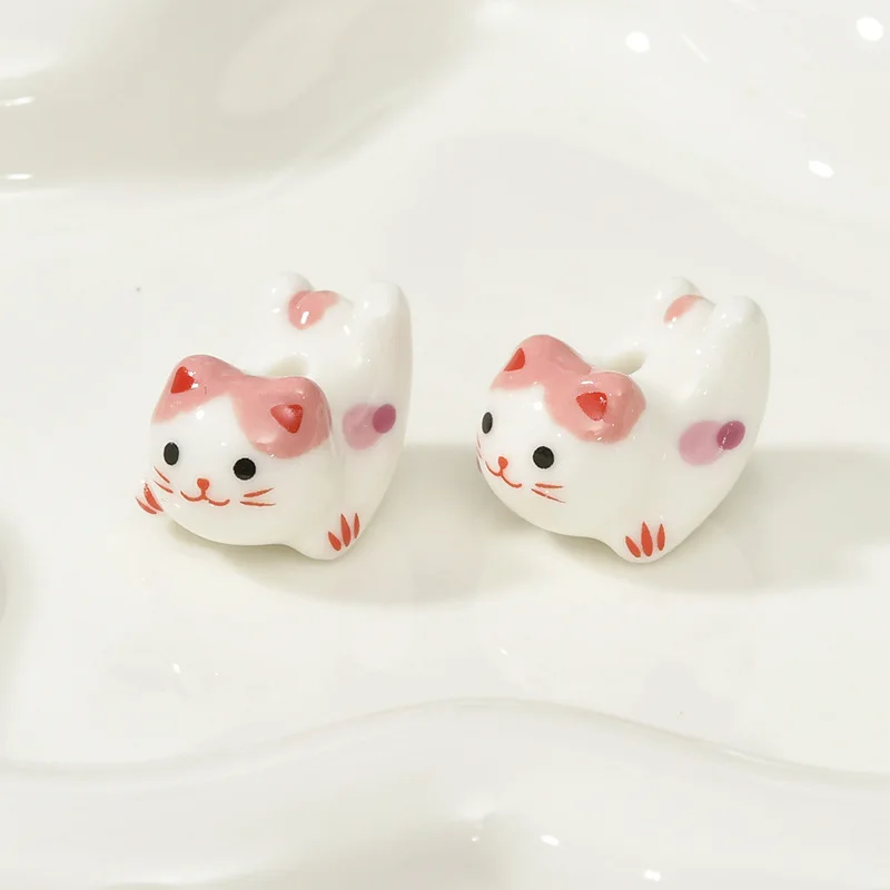 4pcs 15x20mm Cute Cat Ceramic Beads For Jewelry Making Loose Spacer Handmade Porcelain Bead DIY Bracelet Earring Accessories