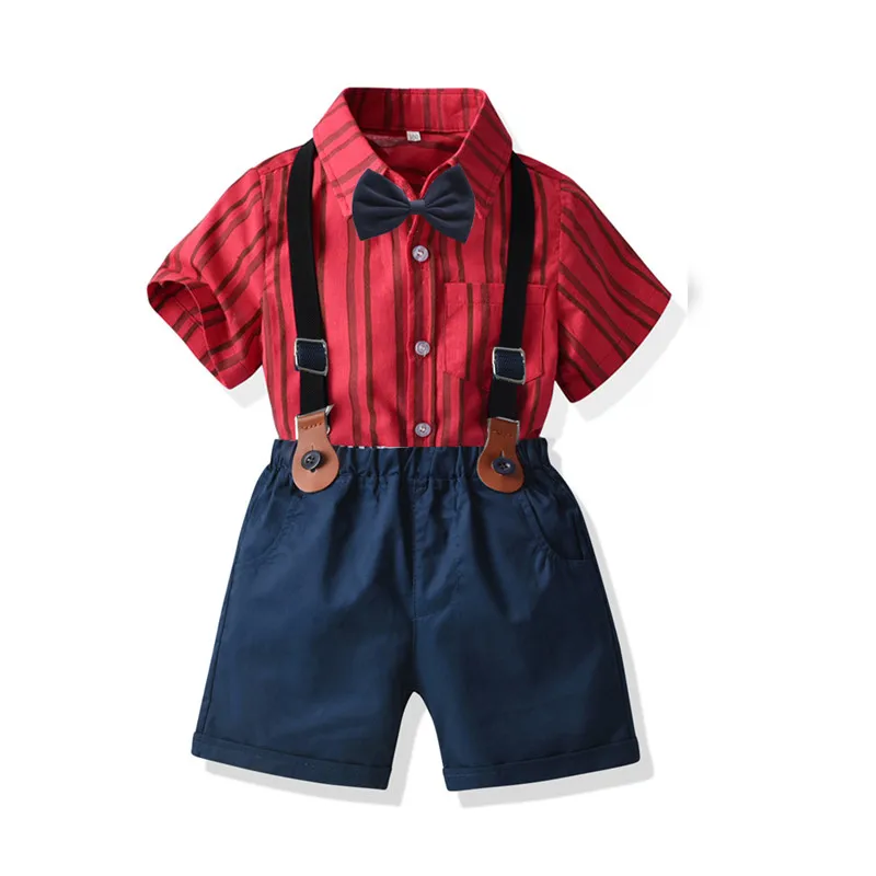 British gentleman children's clothing boy's medium and large summer cotton short-sleeved shirt overalls six one performance dres