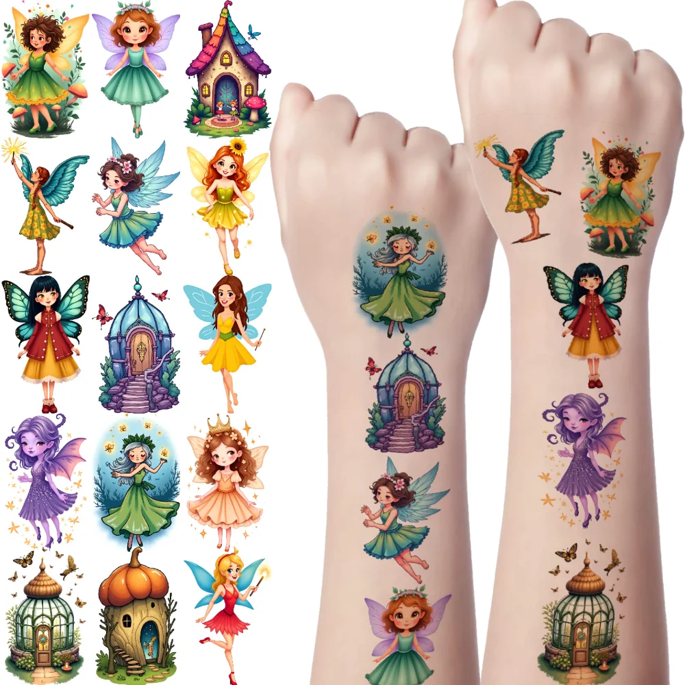 

Временная татуировка Фея, 63 шт., водонепроницаемые долговечные наклейки для тела, палочка-бабочка, мультяшный гриб для плеч, рук, взрослых