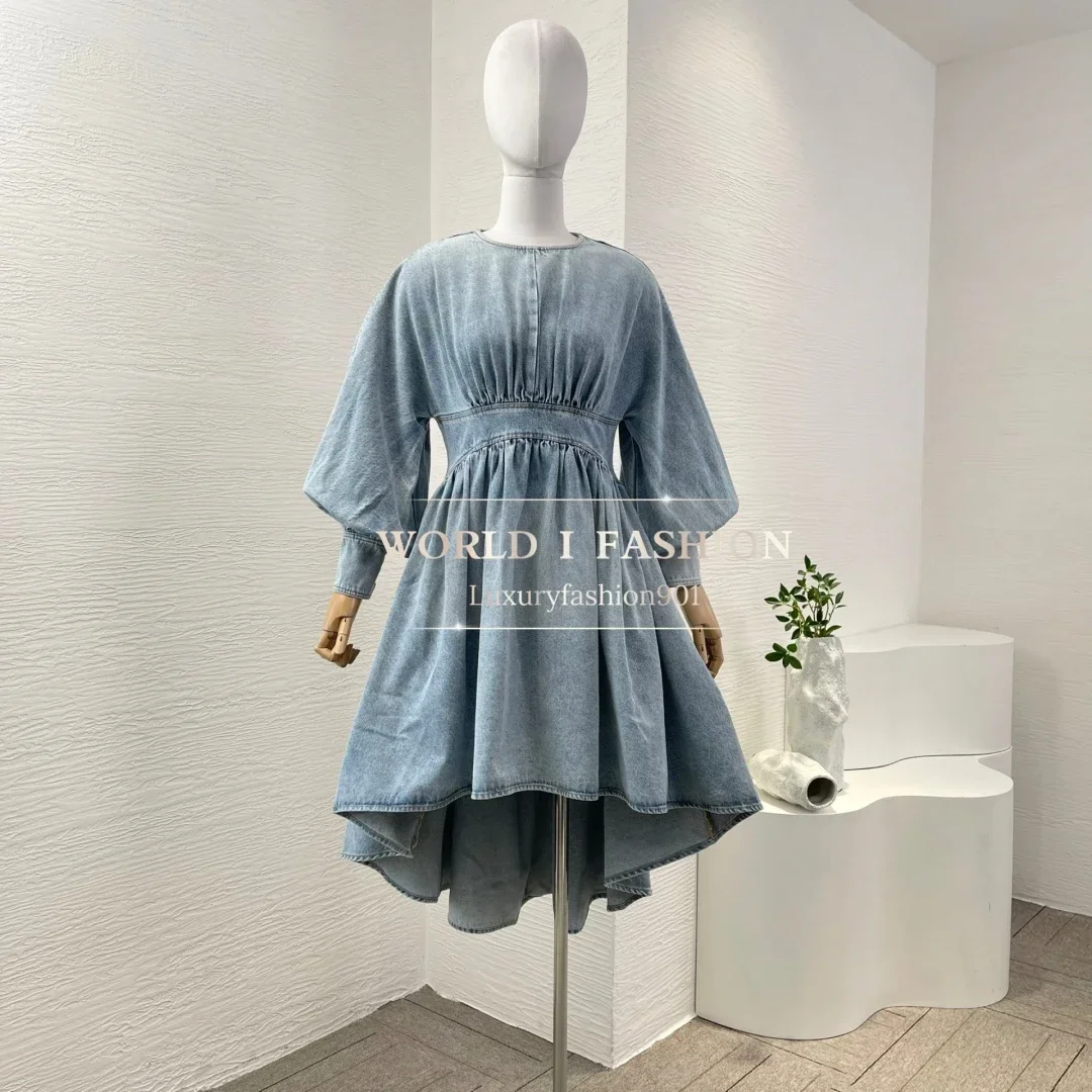 

Blue Denim Jeans Pleat Long Sleeve Midi Dress Cotton 2025 New Fashion