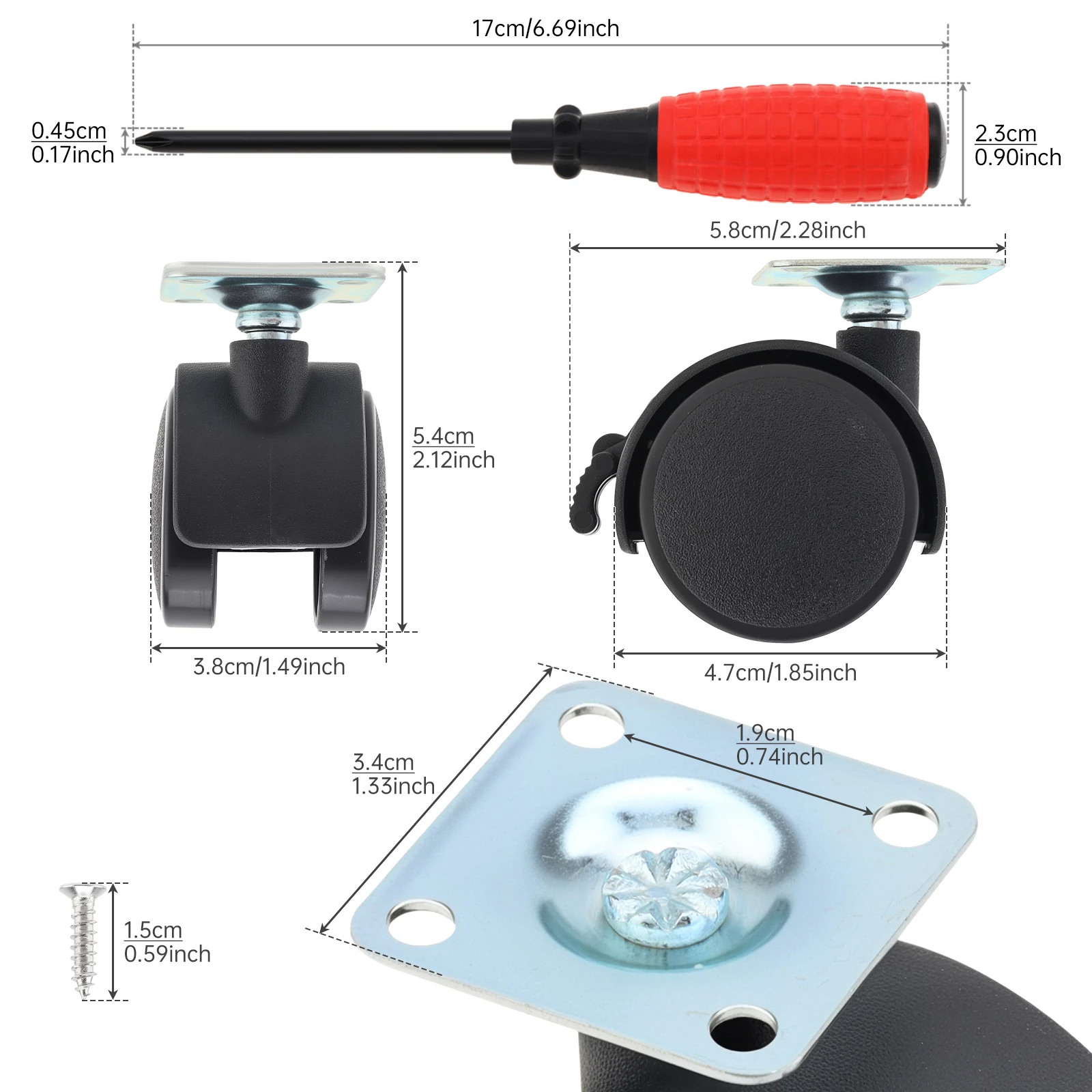 8 pcs 1.5 / 2 inch Plastic Furniture Swivel Caster Wheels for Cabinet  / Table with Screwdriver, Brakes, Stainless Steel Screws