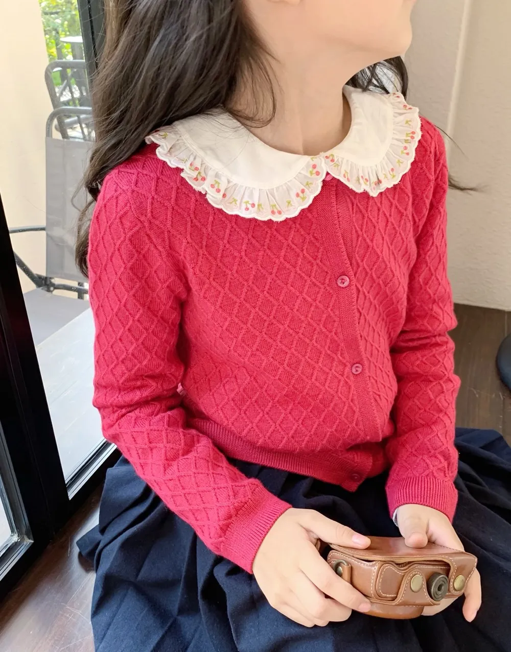 

kids girls coat 100% Wool Herringbone Wine Red Wool Cardigan Skin-friendly and warm sweater knitwear