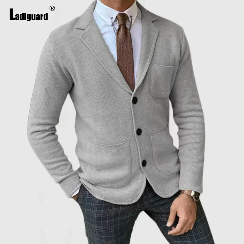 Solid Gray Knitting Blazer Men Autumn Winter Warm Coats Mens Basic Top Cardigans Europe Fashion Multi-pocket Sweater Blazers New