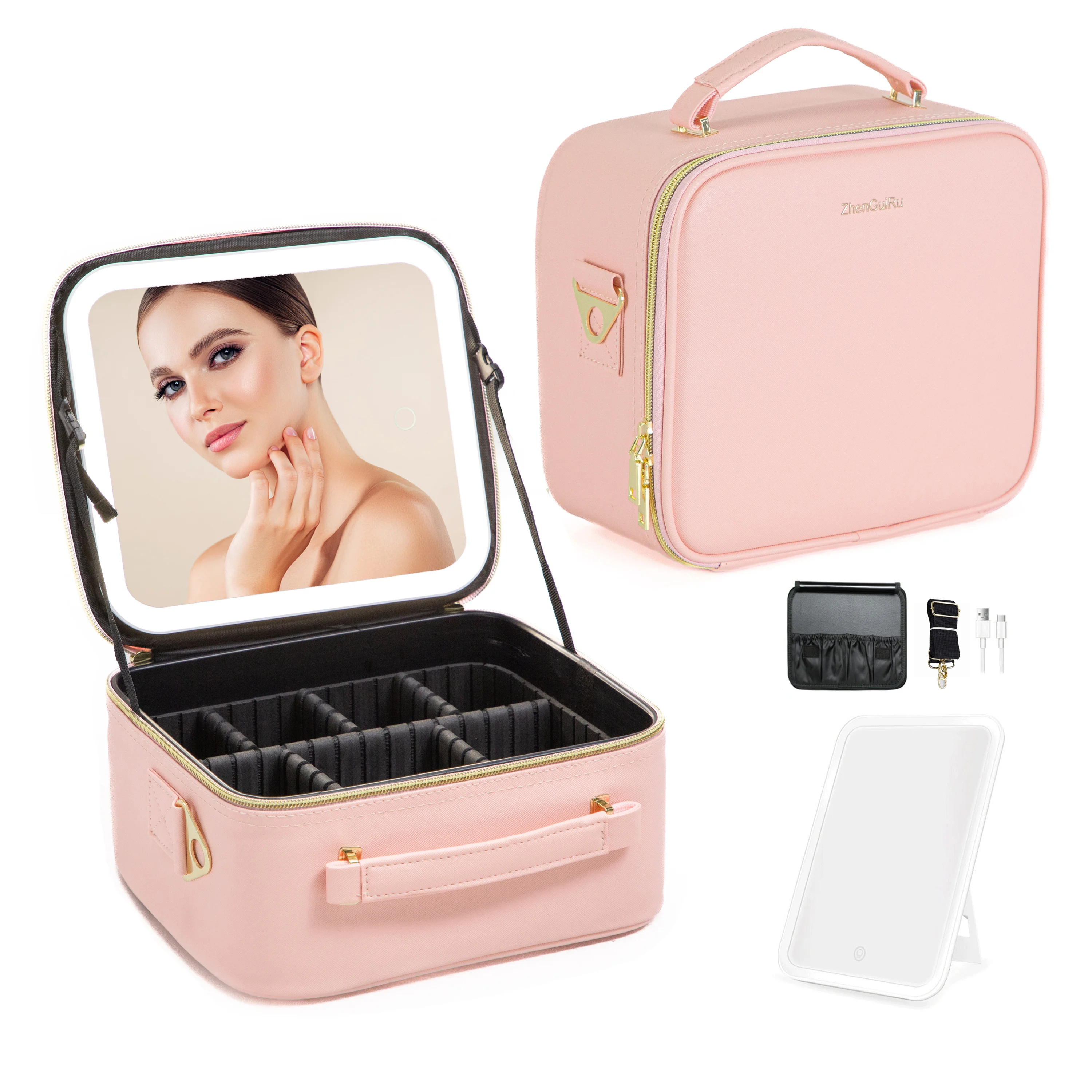 Makeup Bag with Mirror of Smart LED Lighted Women\'s Cosmetic Bag Travel Makeup Bag Large Capacity Female Beautician for Women