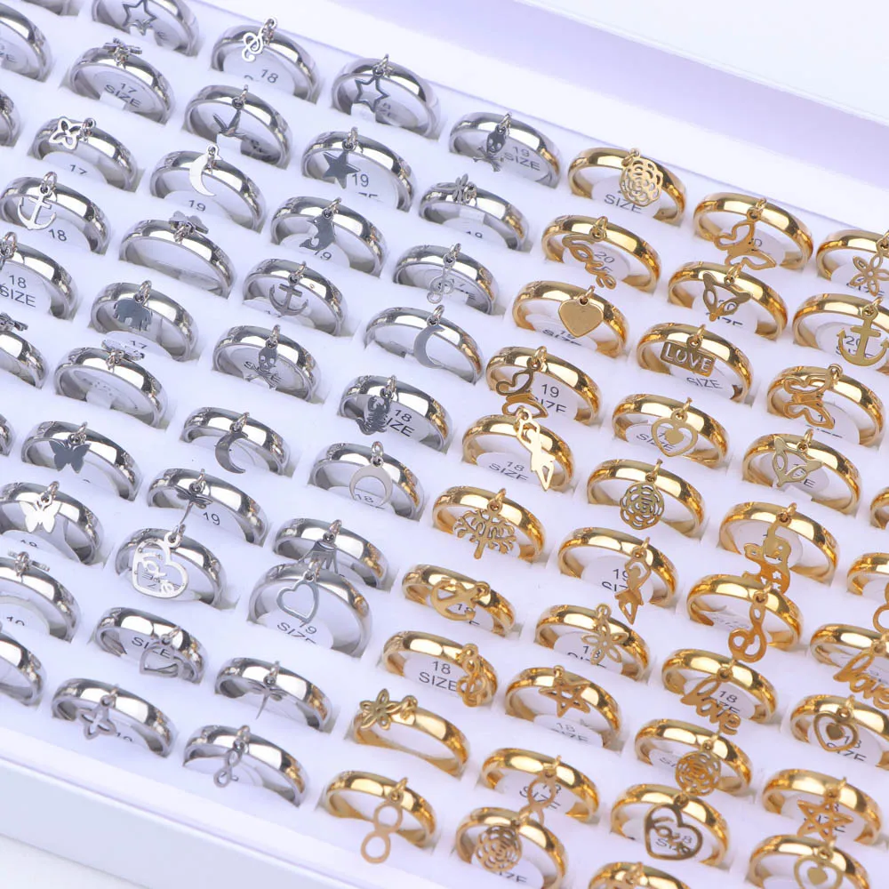 10/20/30/50Pcs/Lot Fashion Simply Star Moon Stainless Steel Small Pendant Rings For Women Mix Color Jewelry Party Gift Wholesale