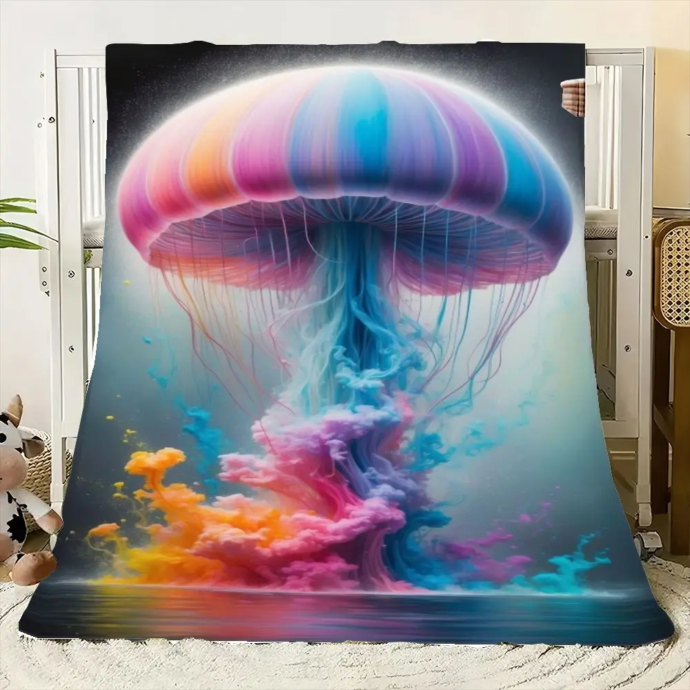Surreal Vibrant Jellyfish Blanket - Large Dome-Shaped Bell with Colorful Horizontal Stripes of Pink, Orange, and Blue, Flowing T