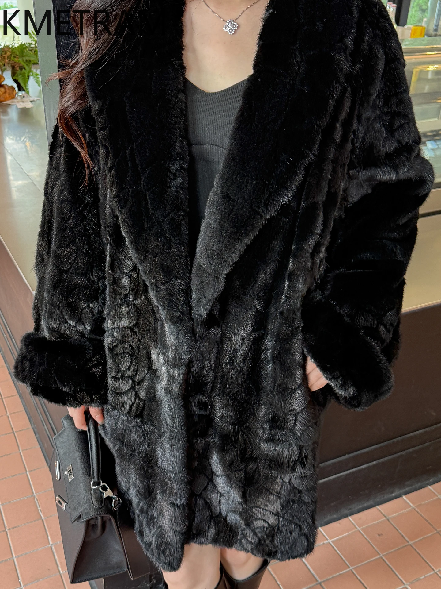 KMETRAM 100% سترة فرو المنك امرأة شال أنيق طوق منتصف طول معطف الفرو الحقيقي الوافدين الجدد الشتاء النساء الملابس 2025 شوهبات