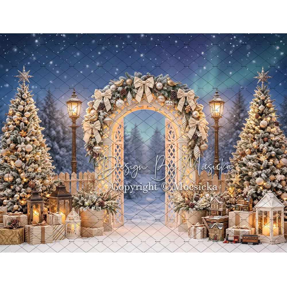 Mocsicka Backdrop Photography Christmas Snowy Forest Archway Lantern Gift Winter Fence Background Xmas Night Kids Photo Studio