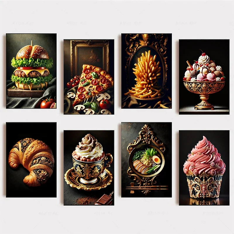 French Frie Art Poster Canvas Painting Baroque Style Food Illustration Marshmallow Croissant Wall Picture Kitchen Home Decor