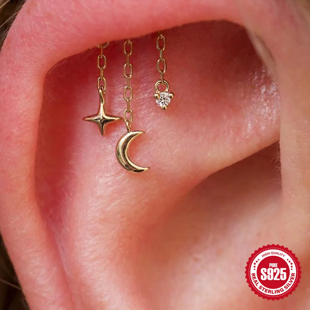 AIDE 925 Sterling Silver Star Moon WaterDrop Pendant Horse eyes Tassel for Women Cartilage Piercing Earring Party Daily Gifts view 5