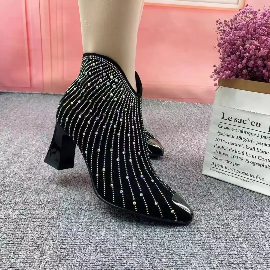 New Meteor Rhinetstone Women's Boots Black Pointed-toe High Heels Boots Side Zipper Boots Platform Shoes Cowboy Boots for Women