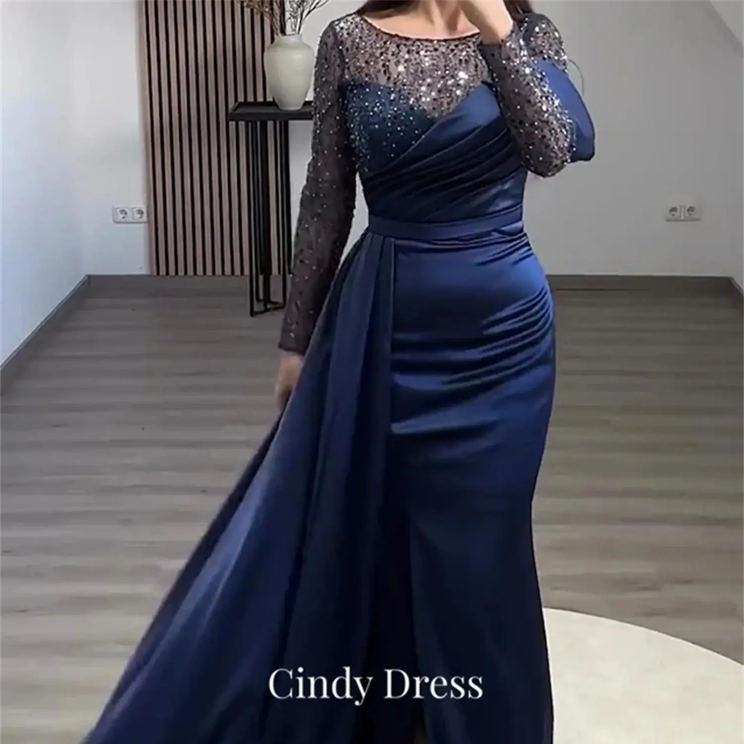 Cindy Mermaid Bead Embroidery Satin Navy Blue Long Luxury Party Evening Dress Cocktail Dresses Robe Soiree De Luxe 2024 Wedding