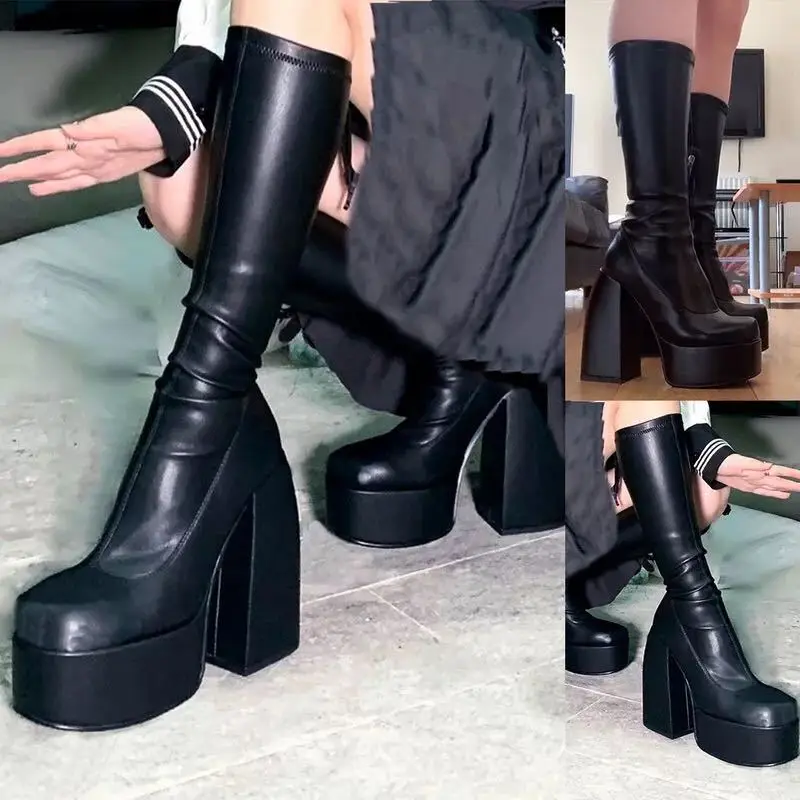 Women's Square Toe High Heeled Boots Long Short Tube Block Heel Punk Boots Women Platform Shoes Black Cowboy Boots for Women