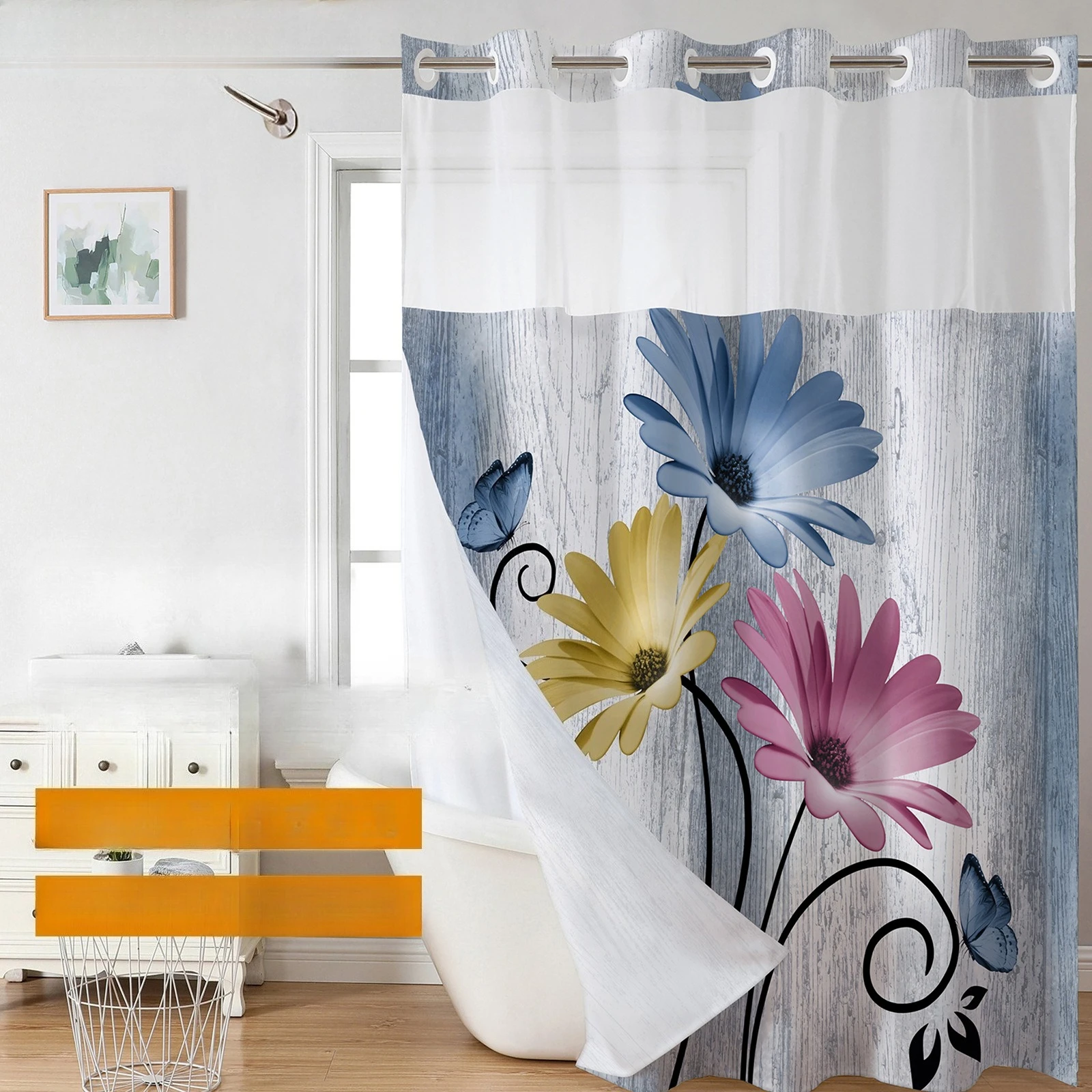 

3D цифровая печать синяя ромашка занавеска для душа водонепроницаемая полиэстеровая анти-форма перегородка для ванной комнаты двойной слой