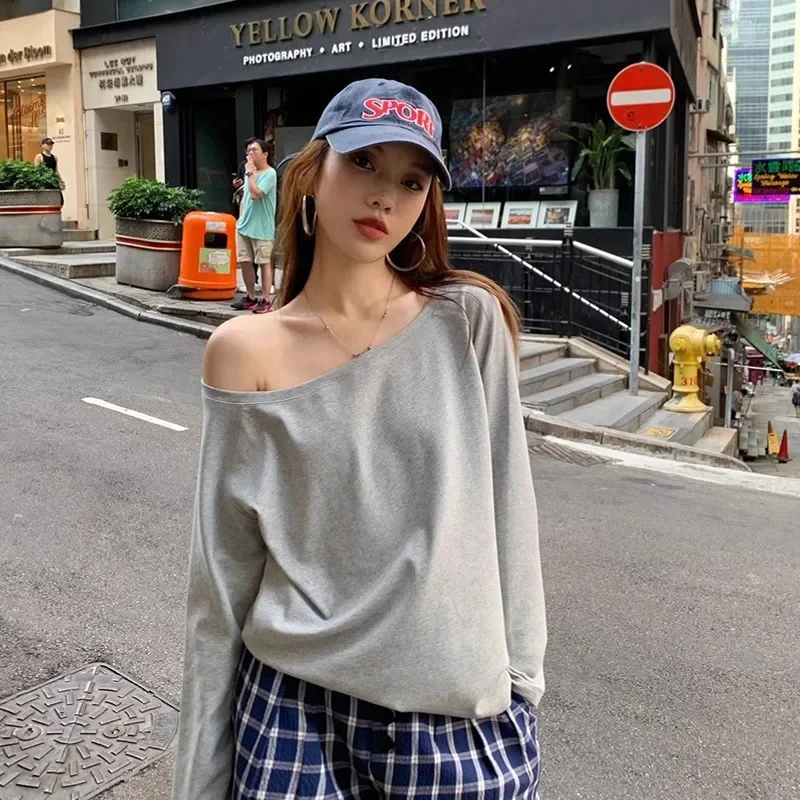 

No Hat Hoodies Women Autumn Sexy Spicy Girls Solid Simple Basic Off Shoulder Baggy Cozy Streetwear Korean Style Prevalent Cool