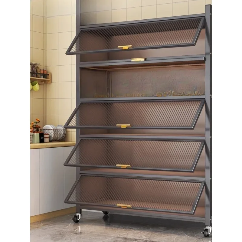 Kitchen storage rack, flap door multi-layer movable dust storage cabinet with wheels