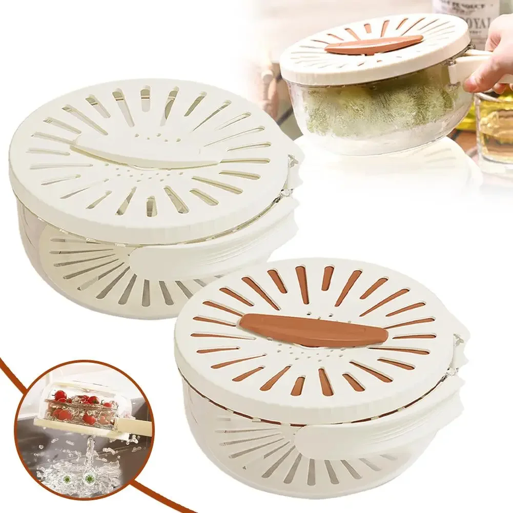 Fruit Drain Basket with Lid Vegetable Washing Bowl Foldable Handle Cleaning Colander Plastic Refrigerator Crisper Kitchen Box