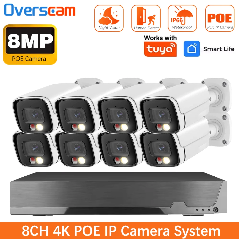 4K 8CH Tuya Smartlife Home POE Security IP Camerae System 8MP Human Detection CCTV Camera System AI P2P Video Surveillance Kit