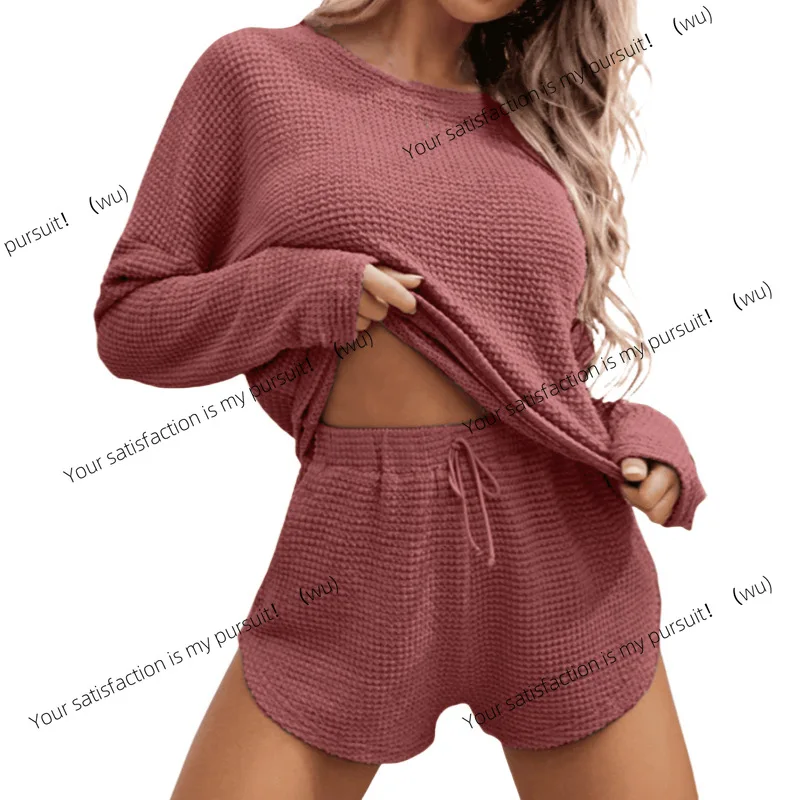 ZOCI-Conjunto de pijama de punto tipo gofre para mujer, top de manga larga y pantalones cortos con traje informal, se puede usar fuera de la ropa de descanso