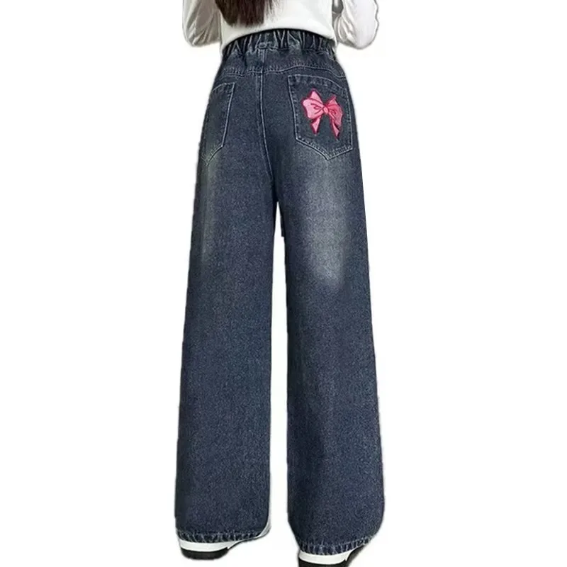 

Elegant School Girl Straight Cut Jeans with Bows Child New Spring Retro Denim Pants with Bowknot Kids Casual Jeans Trousers 5-14