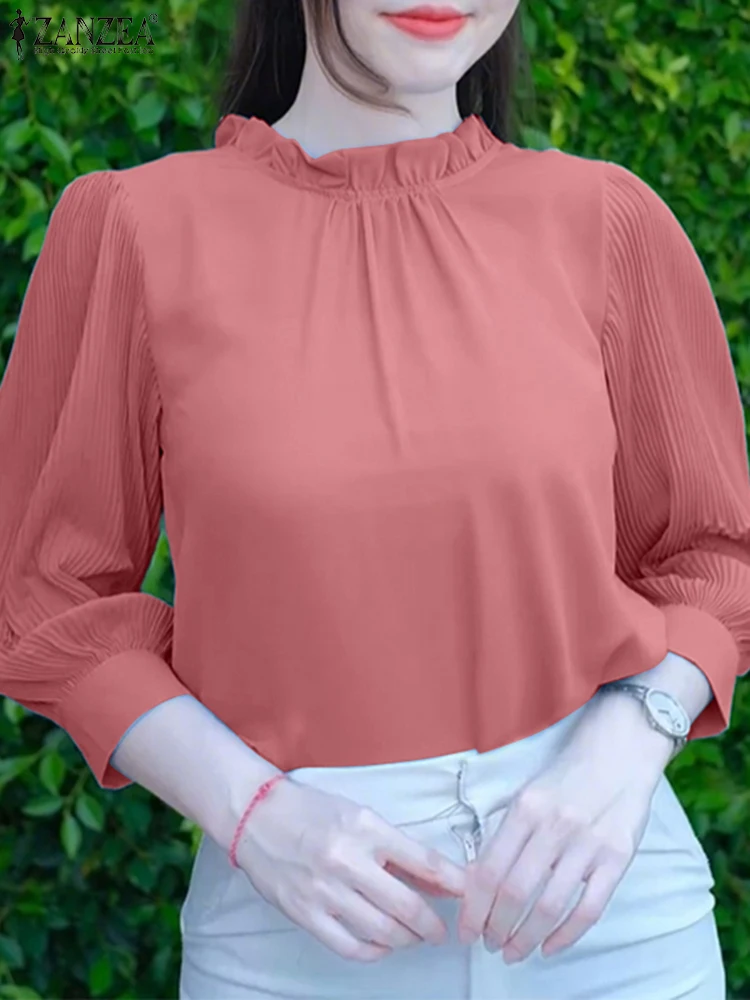 

Осень 2022, элегантные блузки ZANZEA, женские плиссированные модные топы с пышными рукавами 3/4, повседневные стильные рубашки, однотонные блузки с рюшами