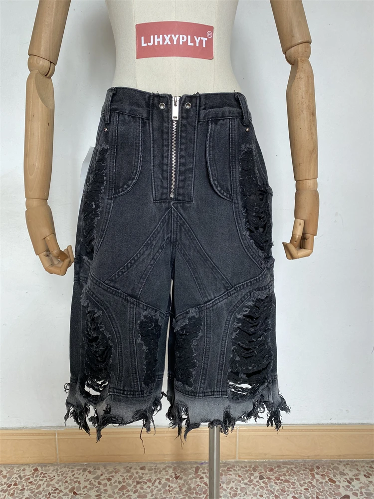 

Women's Broken Hole Tassel Distressed Denim Shorts Unisex Wide leg Calf length Pants Female Capris Trousers Cropped Jeans