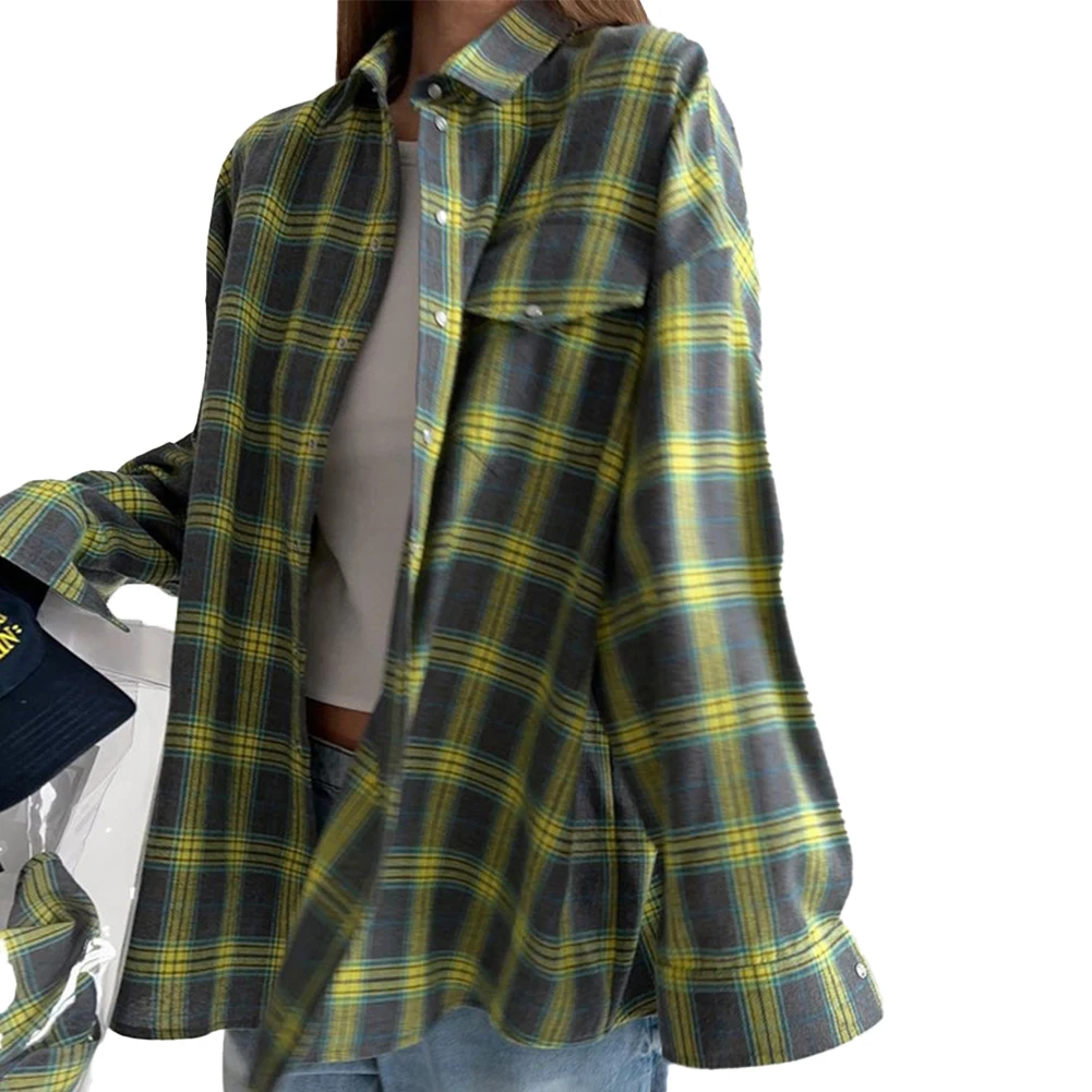 Women\'s Autumn Vintage Oversized Plaid Lapel Shirt Long Sleeve Pocket Loose Blouse Jacket Tops Versatile Casual Ladies Shirt