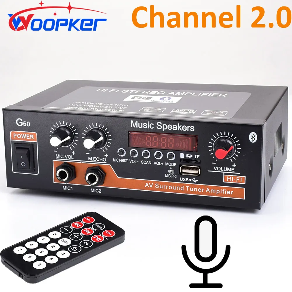 

Woopker Home Audio Amplifier Bluetooth 5.0 Channel 2.0 Mixer for Karaoke with USB TF RCA FM MIC Input HIFI Sound Amp 45W+45W