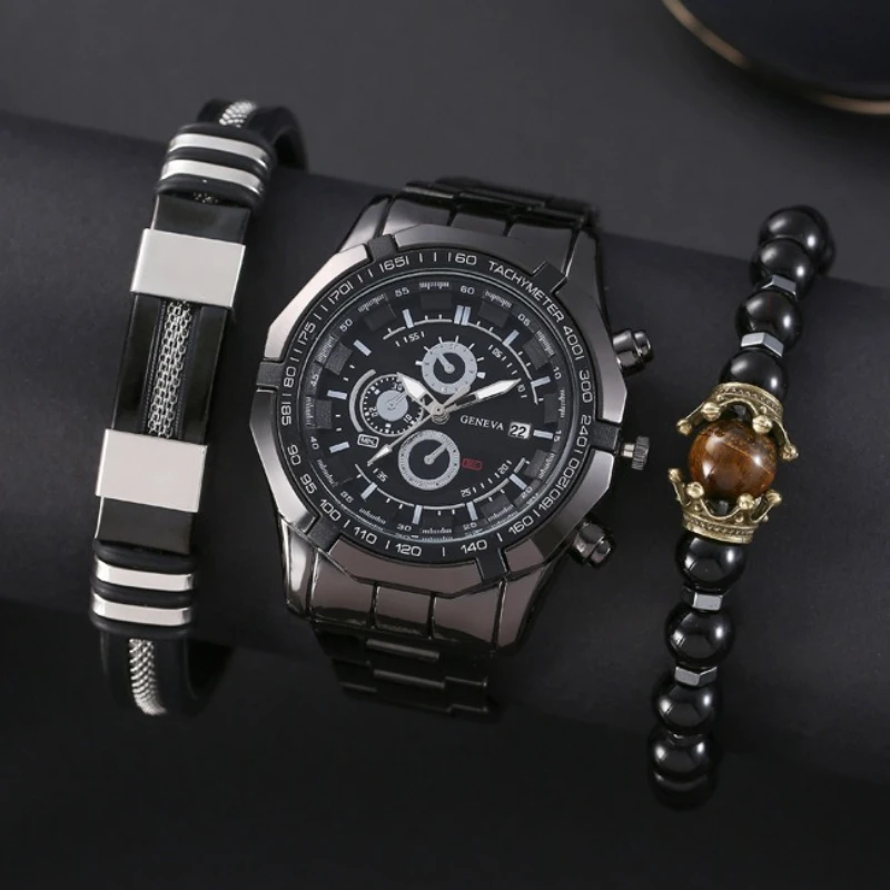 

Роскошные спортивные часы, деловые мужские часы со стальным ремешком, комплект из 3 предметов, кварцевые наручные часы с двойным браслетом, мужские часы в подарок, Reloj Hombre
