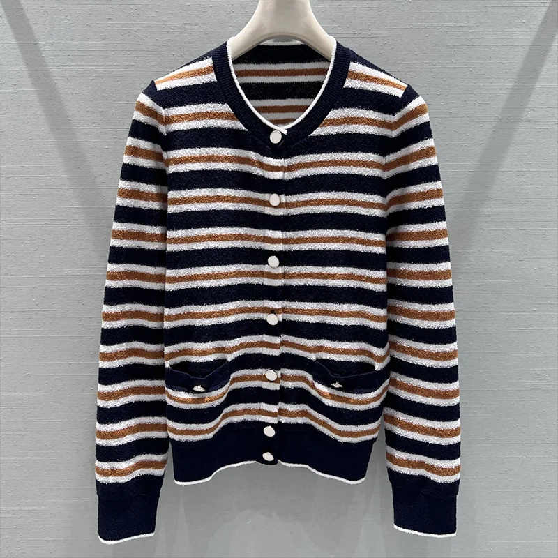 

High quality Round neck single button women's striped cardigan sweater - classic and fashionable 251212120