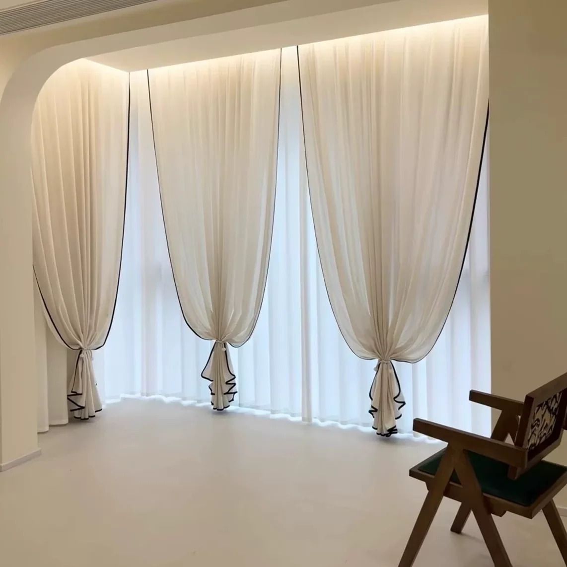 Custom Size White Tulle Linen with Black Trim Sheer Curtains for Living Dining Room Bedroom Luxury Window Decor Elegant 창문커텐