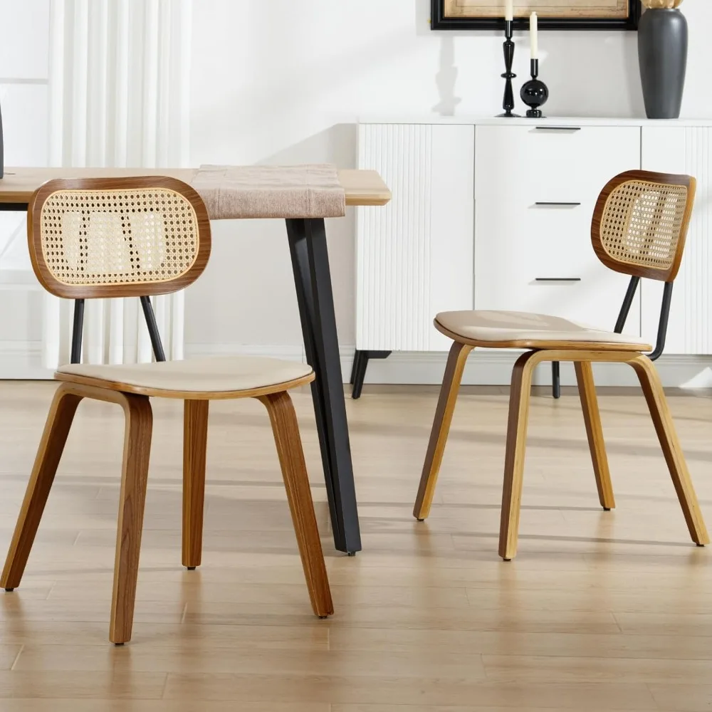 

Mid-Century Dining Chairs, PU Leather Side Chairs with Rattan Backrest and Wooden Legs, Perfect for Dining Room, Living Room