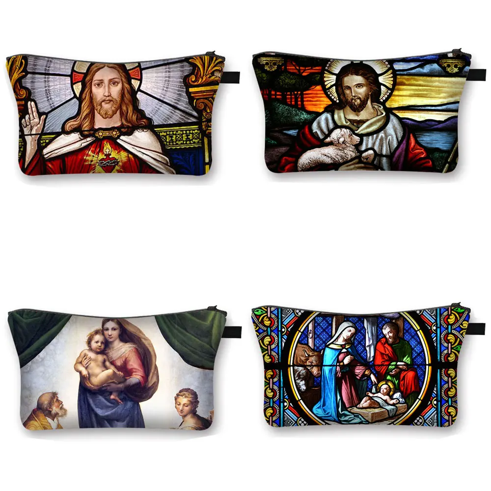 Vintage Religion Jesus Virgin Mary Painting Cosmetic Case Women Makeup Travel Bag Ladies Cosmetic Bags Female Make Up Case