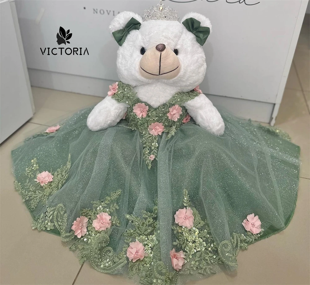 

Light Green Sequined Lace Pink 3D Flowers Personalized Quinceanera Teddy Bear Dress Sweetheart Lace Appliques Crystals Beads