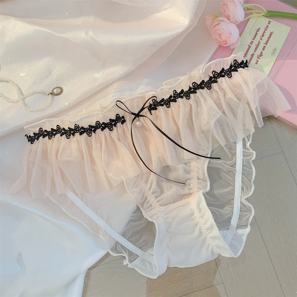 Breathable Mesh Thin Women's Underwear Bow Low Waist Ruffle Briefs Sweet Transparent Lace Panties Women