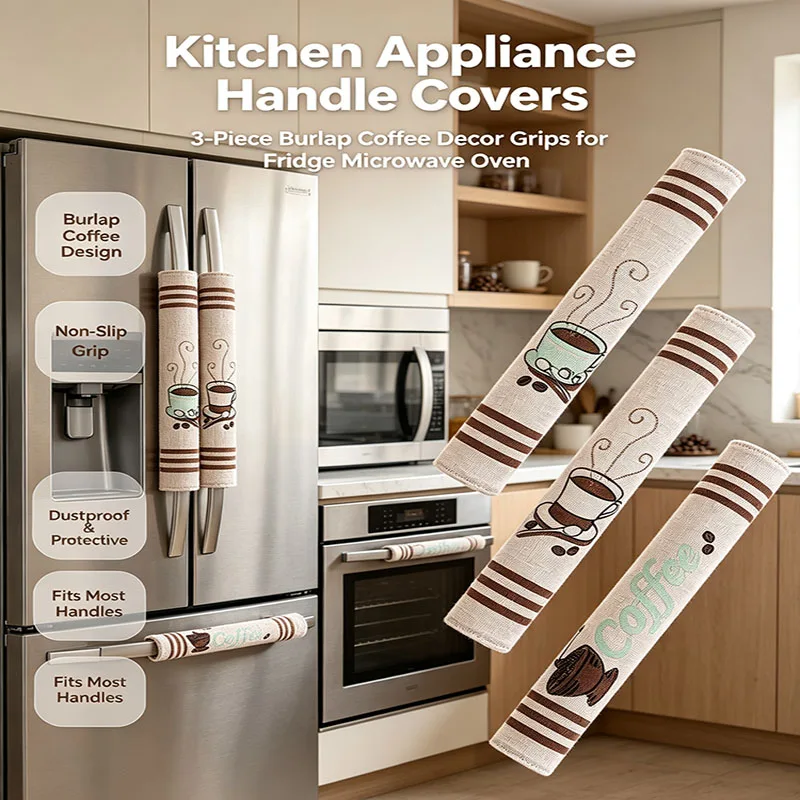 3 Pack Linen Appliance Handle Covers, Coffee Print Anti Slip Fridge Microwave Oven Door Handle Protector Decor