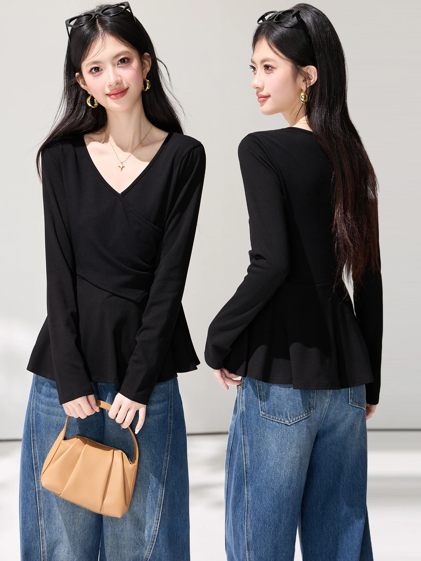 2026 Spring New Collection: Waist-hugging Long-sleeved T-shirt for Women, Designed with an Irregular V-neck Top