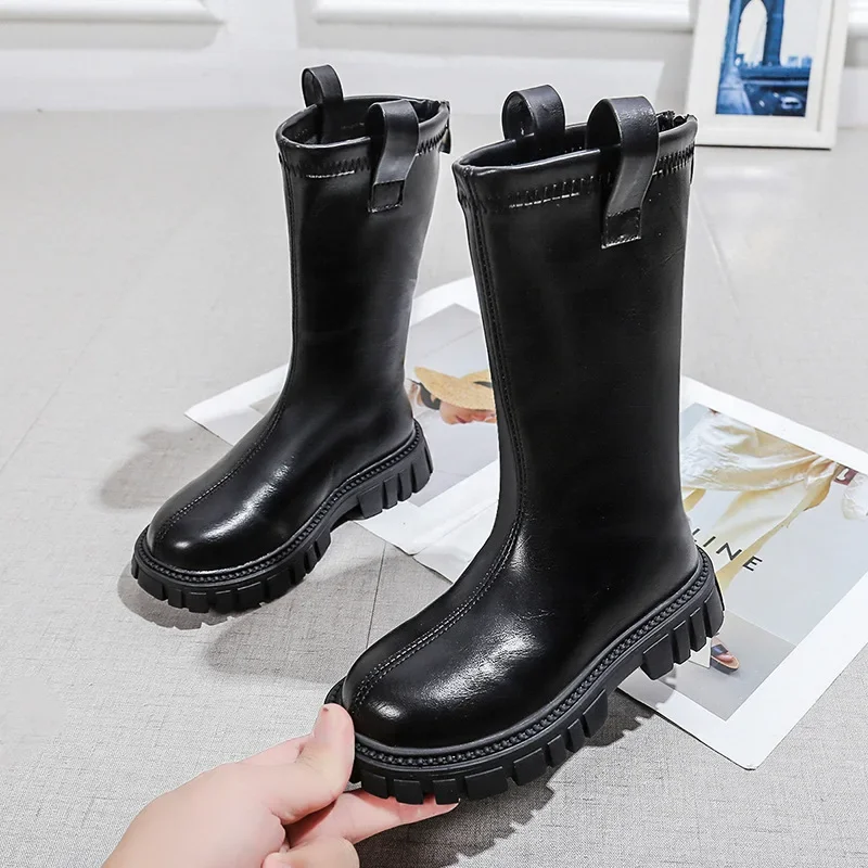 Girls High Boots Back Zipper 2023 New Casual Non-slip Children Fashion Round-toe Kids Shoes PU Black Beige Thin Cotton Korean