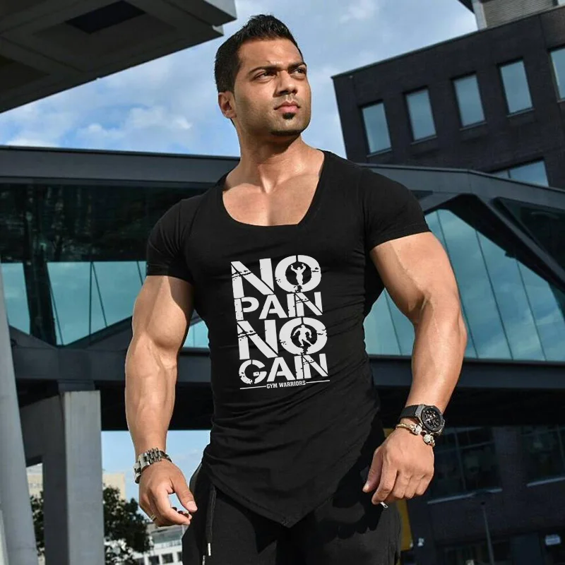 Fitness Cotton Men V Neck Slim Fit Training Exercise T-Shirts Irregular Hem Short Sleeve Casual Shirt Gym Bodybuilding Clothing