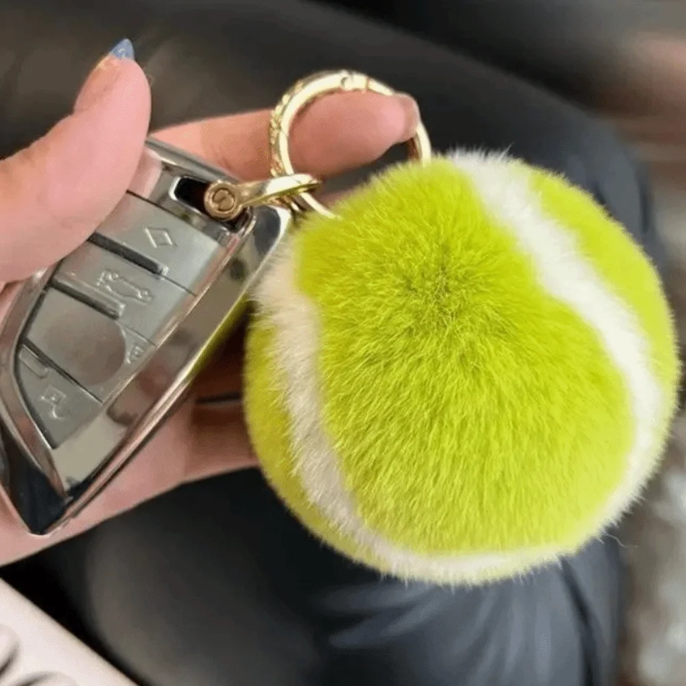 Cute Soft Plush Tennis Keychain Fluffy PomPom Premium Texture Bag Charm Car Ornament Daily Gift