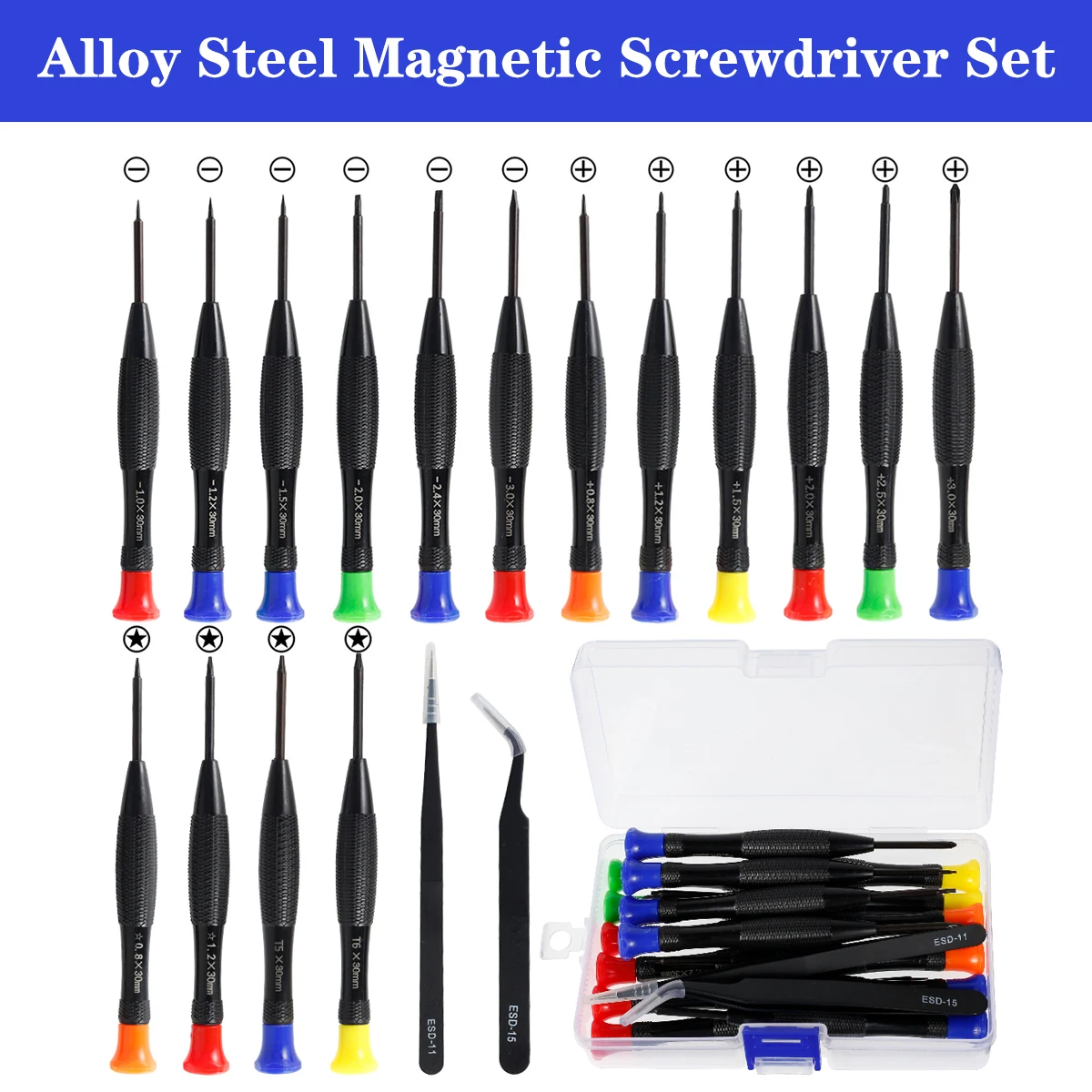 18Pcs Magnetic Screwdriver Set with Tweezers Micro Cross/Pentagon/Torx/Flat Head Screwdriver for Watch Glasses Electronic Repair