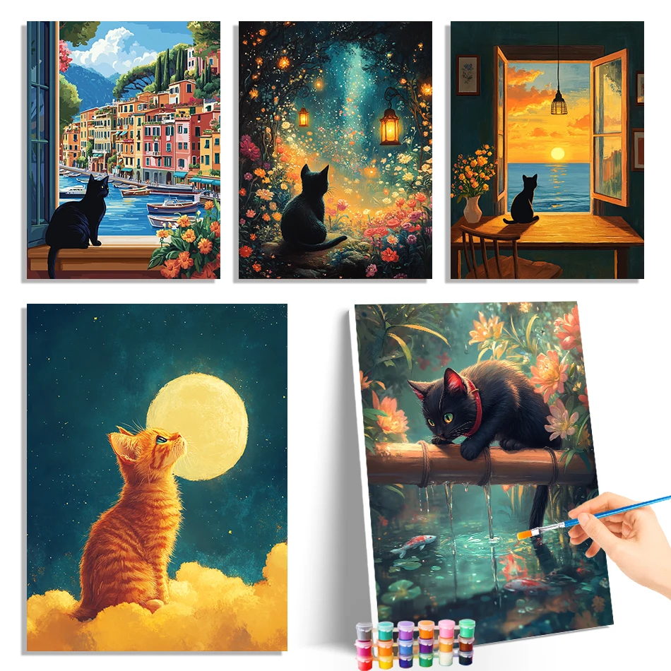 

Картина по номерам, масляный мультяшный пейзаж с изображением кота, цифровые картины «сделай сам», акварельные картины на холсте, подарочный набор
