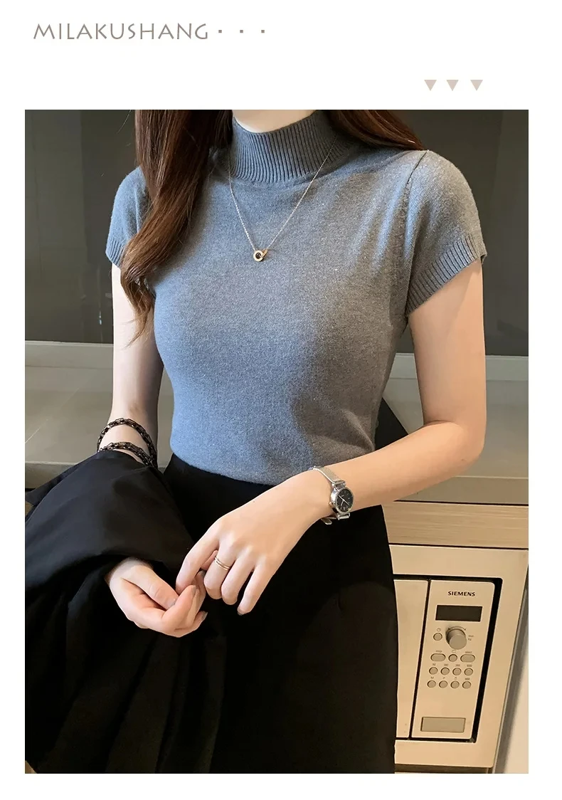 Damen-T-Shirt mit halbhohem Ausschnitt, modischer Pullover, lässige Oberteile, koreanischer Stil, elegante einfarbige Kleidung, Frühlings- und Sommersaison – Detail 4