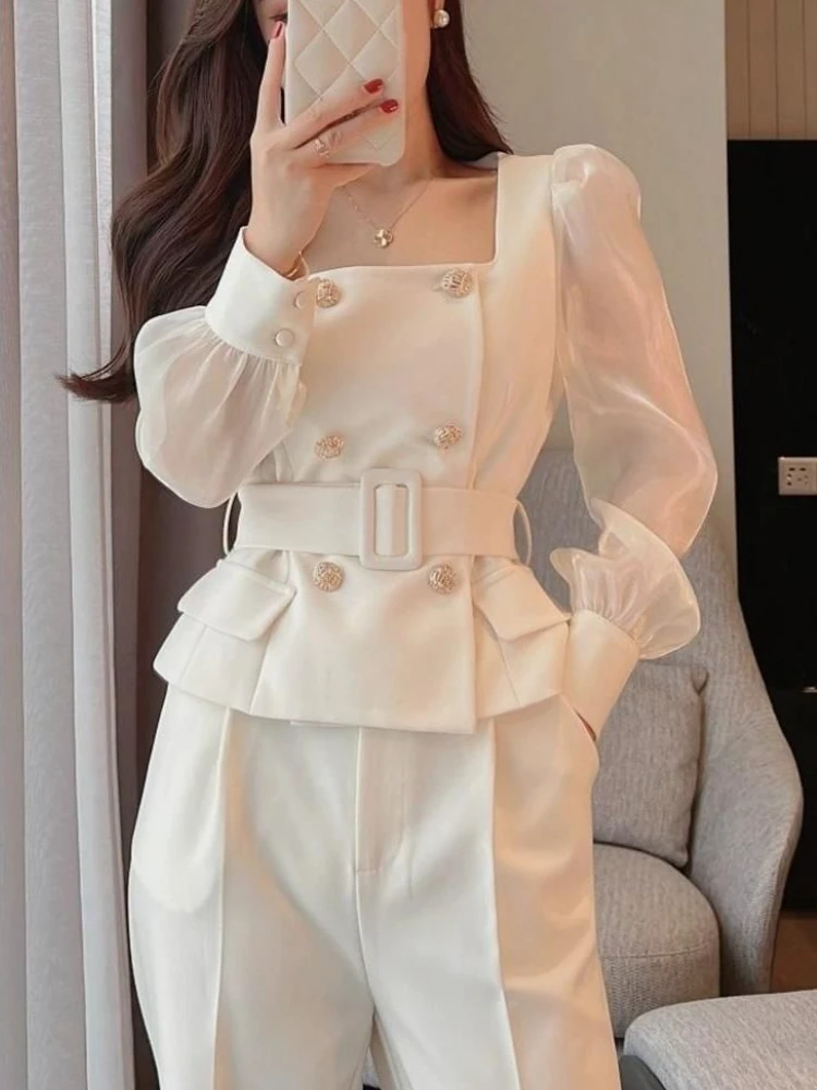 Sets Women Chic Korean Style Spring New Graceful Square Collar Tops Simple Wide Leg Pants Temperament Office Ladies Two Pieces