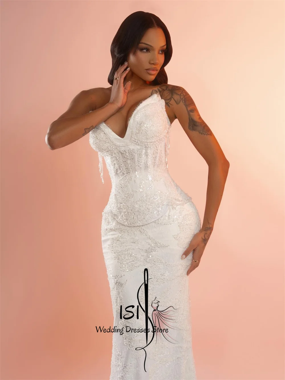 ISI Vintage Mermaid Wedding Dresses Sweetheart Collar Lace Appliques Pleat Bridal Gown For Bridal Robe De Mariée Customised